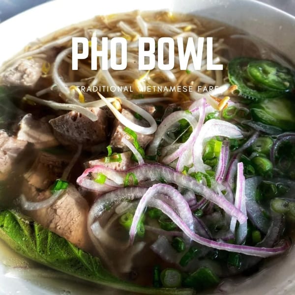 Close-up of a Pho Bowl with noodles, meat, bean sprouts, red onions, and green herbs.